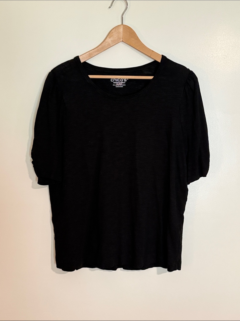 Chico's Black Puff-Sleeve Crewneck Tee size 3, XL, 16/18